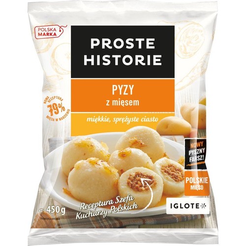 Pyzy z mięsem Proste Historie, 450g. Nowa receptura, polskie mięso, miękkie ciasto. Na opakowaniu zdjęcie gotowych pyz.