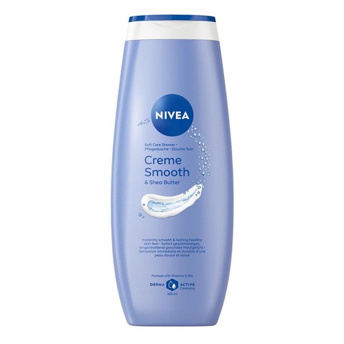 Nivea Creme Smooth & Shea Butter, pielęgnujący żel pod prysznic w fioletowej butelce, 500 ml.
