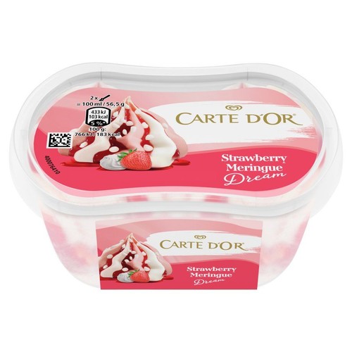 Opakowanie lodów Carte D'Or Strawberry Meringue Dream. Na etykiecie grafika deseru truskawkowego z bezą i sosem.