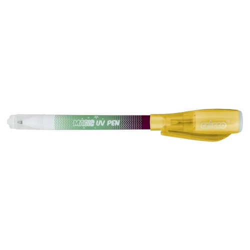 Długopis UV Magic UV Pen marki Cricco. Ma przezroczystą skuwkę, zielono-fioletowy korpus z falistym wzorem i żółtą obudowę.