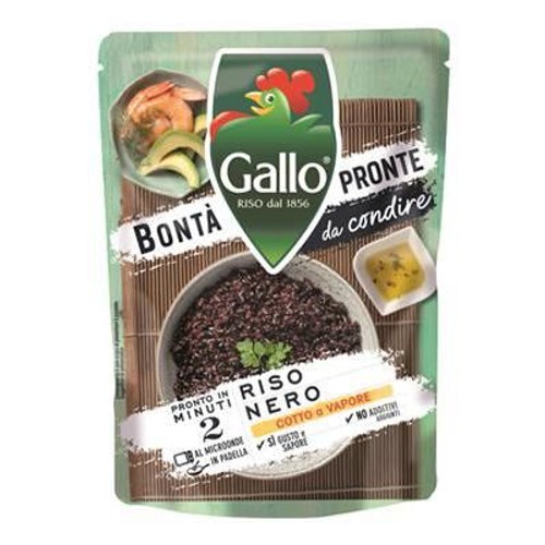 Opakowanie ryżu czarnego Gallo, gotowego w 2 minuty. Na opakowaniu grafika przedstawiająca ryż z krewetkami i awokado oraz miseczkę z sosem. Produkt gotowany na parze, bez dodatków.