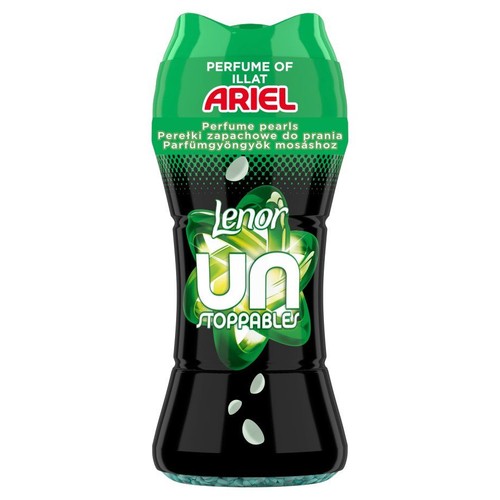 Opakowanie perełek zapachowych Lenor Unstoppables. Butelka jest czarna z zieloną górą i napisem "Ariel".
