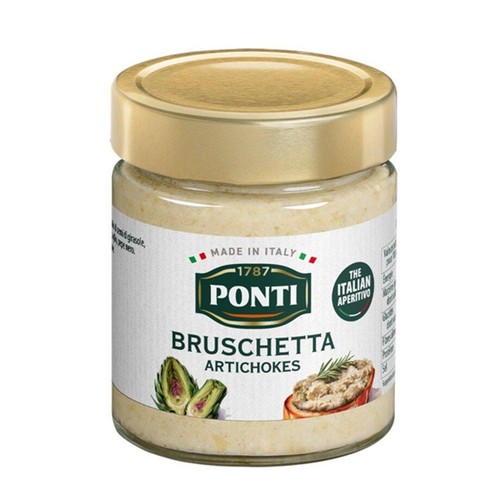 Produkt Ponti Bruschetta Karczochy w przezroczystym szklanym słoiku ze złotą zakrętką. Biała etykieta z logo Ponti i informacją "Wyprodukowano we Włoszech". Widoczne są grafiki karczochów i bruschetty z pastą.  