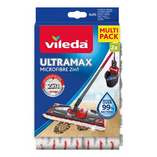 Opakowanie 2 wkładów Vileda Ultramax Microfibre 2w1. Przeznaczone do mopa, usuwają brud i ponad 99% bakterii.