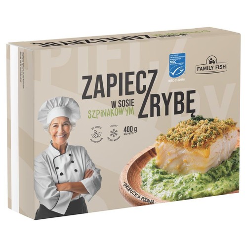 Opakowanie Family Fish: Zapieczona ryba w sosie szpinakowym, 400g. Z certyfikatem MSC, bez dodatków. Z uśmiechniętą kucharką.