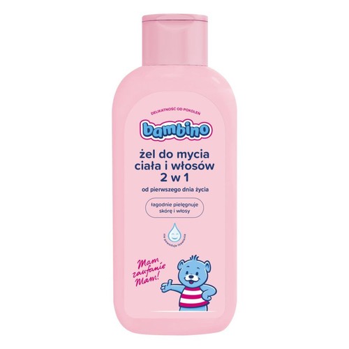Różowa butelka żelu Bambino 2w1 do mycia ciała i włosów dla dzieci, 400 ml. Na etykiecie miś i napis "Mam zaufanie Mam!".