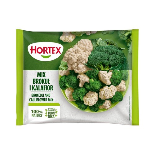 Zielona torebka mrożonych warzyw Hortex Mix Brokuł i Kalafior. Na opakowaniu grafika brokułów i kalafiora.