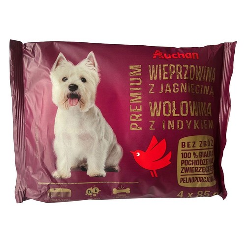 Opakowanie karmy dla psa Auchan Premium, wieprzowina z jagnięciną, wołowina z indykiem. Bez zbóż, 4 saszetki po 85g.