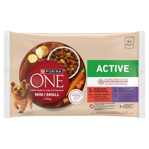 Opakowanie karmy Purina ONE Active dla psów małych. 4x 85g. Dwa smaki: wołowina z warzywami i pasztet z makaronem.