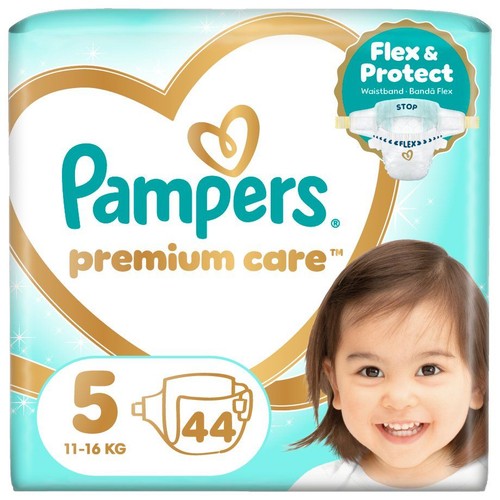 Opakowanie pieluszek Pampers Premium Care, rozmiar 5, dla dzieci 11-16 kg, zawiera 44 sztuki. Na opakowaniu uśmiechnięta buzia dziecka.