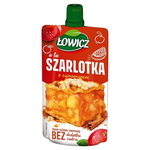 Czerwona saszetka Łowicz z zieloną nakrętką, produkt "a la Szarlotka z cynamonem". To ryżowo-owocowy deser bez dodatku cukru. Na opakowaniu widoczna jest grafika kawałka szarlotki z jabłkami i cynamonem.
