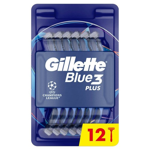 Niebieskie opakowanie 12 maszynek Gillette Blue3 Plus. Każda maszynka ma trzy ostrza i niebiesko-szarą rączkę.