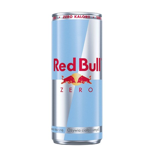 Srebrno-niebieska puszka Red Bull Zero z czerwonym logo i napisem "Zero Kalorii". Dwa czerwone byki na tle słońca.
