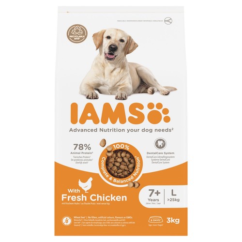 Karma IAMS dla psów starszych, dużych ras, z kurczakiem. Opakowanie 3 kg, zawiera 78% białka zwierzęcego. Zapewnia pełne odżywianie.