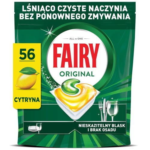 Opakowanie tabletek do zmywarki Fairy Original All in One, 56 sztuk, o zapachu cytrynowym. Zapewnia lśniąco czyste naczynia.