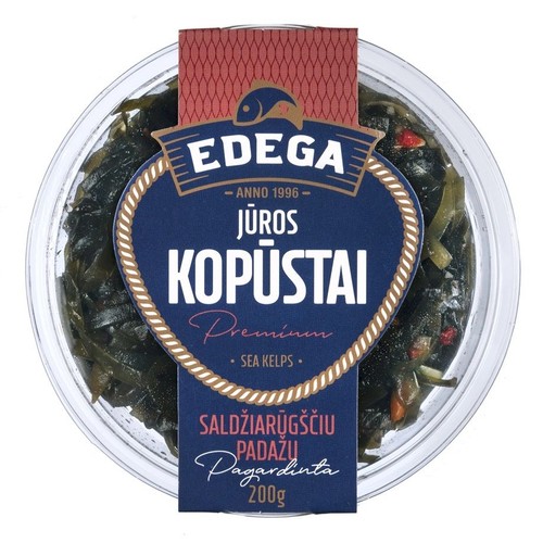 Przezroczyste opakowanie wodorostów EDEGA Jūros Kopūstai, 200g. Ciemnozielone wodorosty z czerwonymi kawałkami.