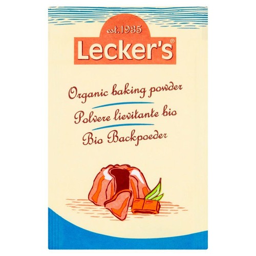 Lecker's, organiczny proszek do pieczenia 21g. Beżowe opakowanie z grafiką ciasta i zielonych dodatków.