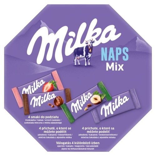 Milka NAPS Mix w fioletowym, ośmiokątnym opakowaniu z logo Milka i krową. Zawiera 4 smaki do podziału: truskawka, kakao, orzech laskowy i czekolada mleczna z mleka alpejskiego.