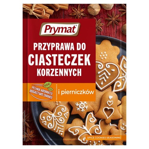 Opakowanie przyprawy Prymat do ciasteczek korzennych i pierniczków. Na grafice cynamon, anyż i pierniczki.