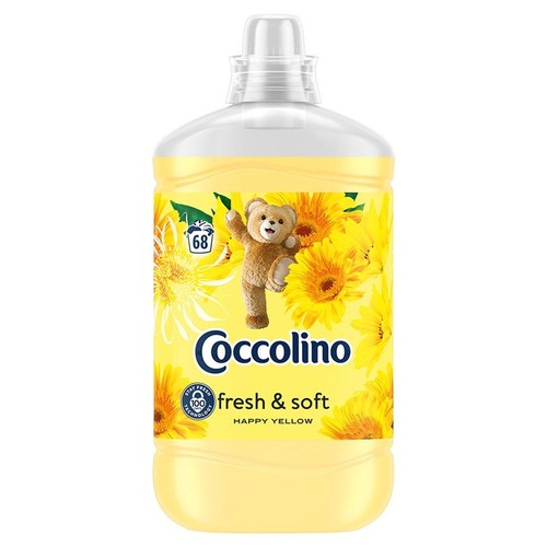 Butelka płynu do płukania Coccolino Fresh & Soft Happy Yellow. Etykieta z misiem i żółtymi kwiatami, 68 prań.