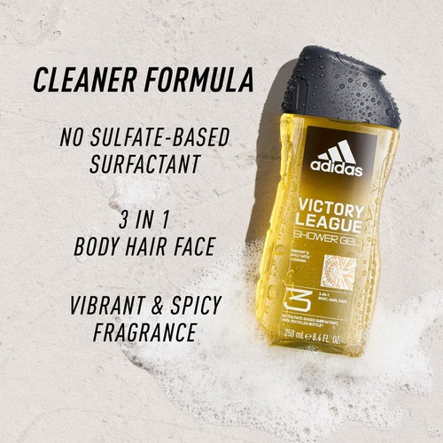Adidas Victory League żel pod prysznic 3 w 1. Formuła bez siarczanów, do ciała, włosów i twarzy. Butelka 250 ml z recyklingu.