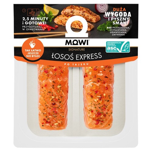 Dwie porcje świeżego łososia MOWI Signature Express po tajsku w przezroczystym opakowaniu. Ryba jest obficie posypana czerwonymi płatkami chili i zielonymi ziołami. Produkt z certyfikatem ASC, gotowy do spożycia w  2,5 minuty.