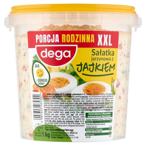 Dega Sałatka jarzynowa z jajkiem, porcja rodzinna XXL, 1 kg. W przezroczystym wiaderku z żółtą pokrywką.