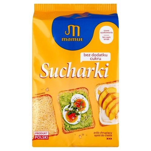 Opakowanie sucharków Mamut bez dodatku cukru. Produkt Polski. Na opakowaniu grafiki sucharków z dodatkami.