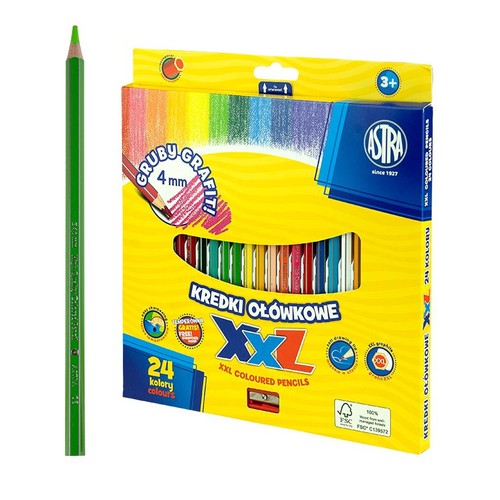 Kredki ołówkowe Astra XXL, 24 kolory, z grubym grafitem 4mm. W zestawie temperówka gratis.