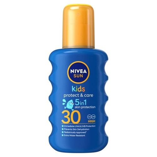 Niebieska butelka sprayu NIVEA SUN Kids SPF30, 200 ml, z żółtą nakrętką. Ma falisty kształt.