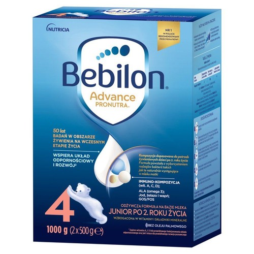 Mleko modyfikowane Bebilon Advance Pronutra 4 Junior, 1000g. Formuła dla dzieci po 2. roku życia, bez oleju palmowego.