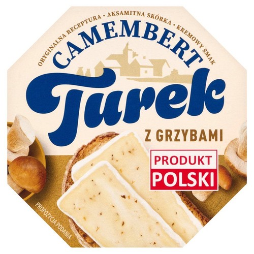 Opakowanie sera Camembert Turek z Grzybami. Na grafice plasterki sera na toście i świeże grzyby. Produkt Polski.