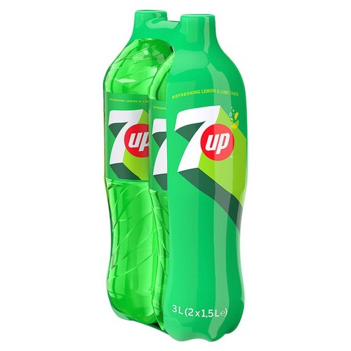 Zestaw dwóch butelek 7 Up, napoju gazowanego o orzeźwiającym smaku cytryny i limonki, łącznie 3 litry.
