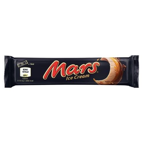 Opakowanie loda Mars Ice Cream o pojemności 74 ml. Na czarnym tle logo i grafika loda z karmelem.