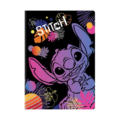 Czarna okładka zeszytu z kolorową grafiką uśmiechniętego Stitcha w odcieniach fioletu i różu. W tle tropikalne liście i kwiaty. Napis "STITCH".