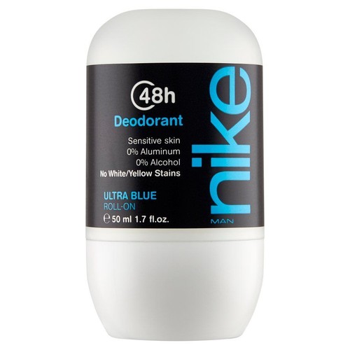Dezodorant roll-on Nike Ultra Blue Man 50 ml w białej butelce. Na czarnej etykiecie widnieje niebieskie logo Nike.