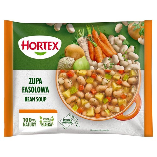 Opakowanie zupy fasolowej Hortex. Na grafice fasola, marchew, ziemniaki i miska gotowej zupy. 100% naturalny, wysoka zawartość białka.