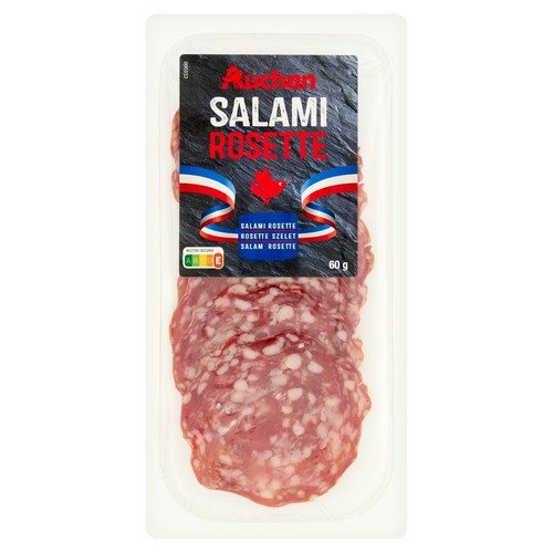 Opakowanie salami Rosette marki Auchan, 60 gramów. Wędlina jest pokrojona w plastry.