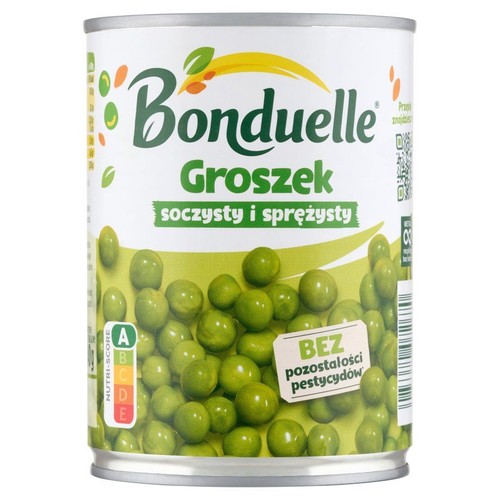 Bonduelle Groszek 200g w metalowej puszce. Na etykiecie informacja: "soczysty i sprężysty" oraz "bez pozostałości pestycydów".