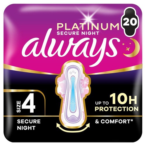 Opakowanie podpasek Always Platinum Secure Night, rozmiar 4, 20 sztuk. Zapewniają do 10 godzin ochrony i komfortu.