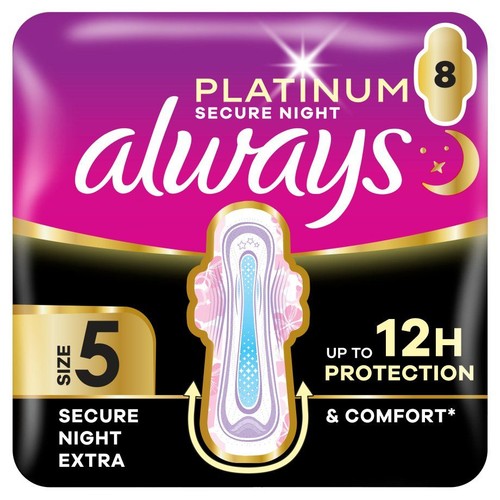 Opakowanie podpasek Always Platinum Secure Night Extra, rozmiar 5, zawierające 8 sztuk. Zapewniają do 12 godzin ochrony i komfortu. Fioletowo-czarne opakowanie z grafiką podpaski.