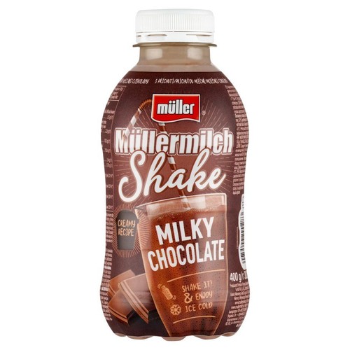 Butelka Müller Müllermilch Shake o smaku mlecznej czekolady, 300 ml. Na etykiecie szklanka z napojem i kostki czekolady.