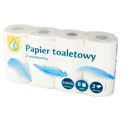 Opakowanie 8 rolek białego papieru toaletowego, 2-warstwowego. Produkt wykonany w 100% z celulozy.