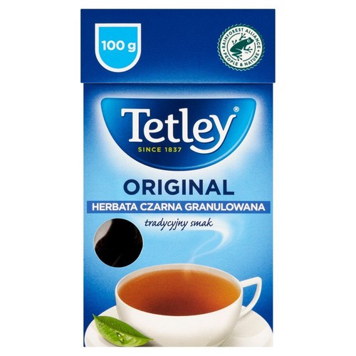 Herbata czarna granulowana Tetley Original, 100 g. Opakowanie z filiżanką herbaty i liściem.