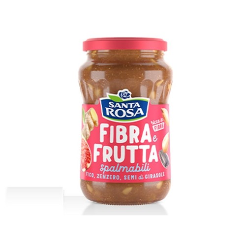 Słoik z brązowym dżemem owocowym Santa Rosa Fibra e Frutta spalmabili. Na różowo-niebieskiej etykiecie widnieje nazwa produktu, grafiki figi, imbiru i nasion słonecznika. Produkt bogaty w błonnik. Czerwona zakrętka.