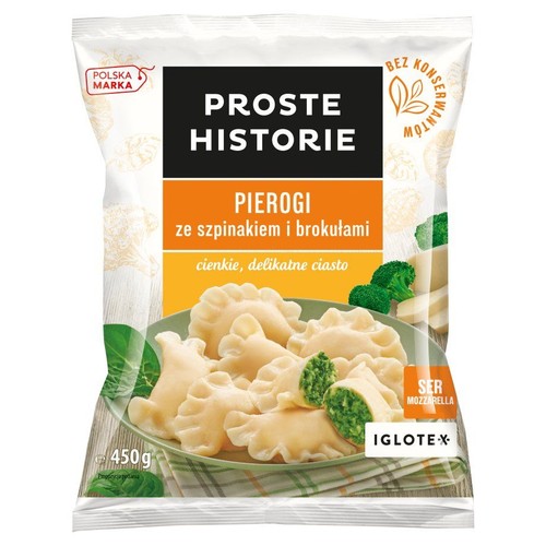 Opakowanie pierogów Proste Historie ze szpinakiem i brokułami, 450g. Na grafice ugotowane pierogi na talerzu, jeden przekrojony.