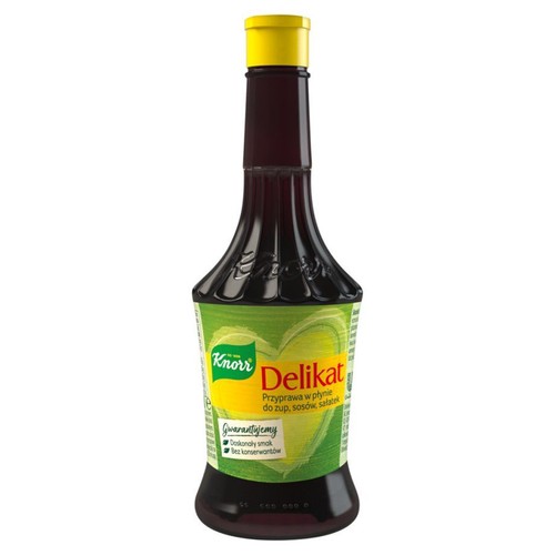 Butelka Knorr Delikat, płynna przyprawa do zup i sosów. Zielona etykieta, żółta zakrętka. 200 ml.