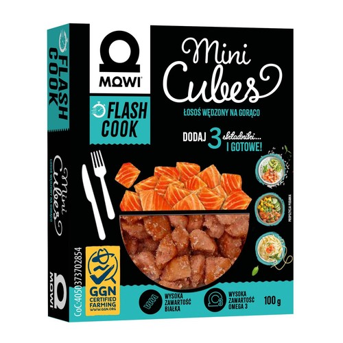 Łosoś wędzony na gorąco mini kostki Mowi 100 g
