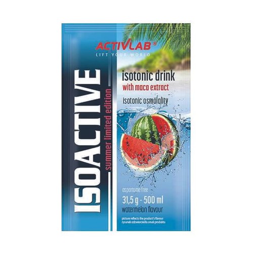 Opakowanie ACTIVLAB ISOACTIVE, izotoniczny napój w proszku o smaku arbuza. Produkt zawiera ekstrakt z maca i jest wolny od aspartamu. Grafika przedstawia arbuza w wodzie, symbolizując smak. Saszetka 31,5 g na 500 ml.