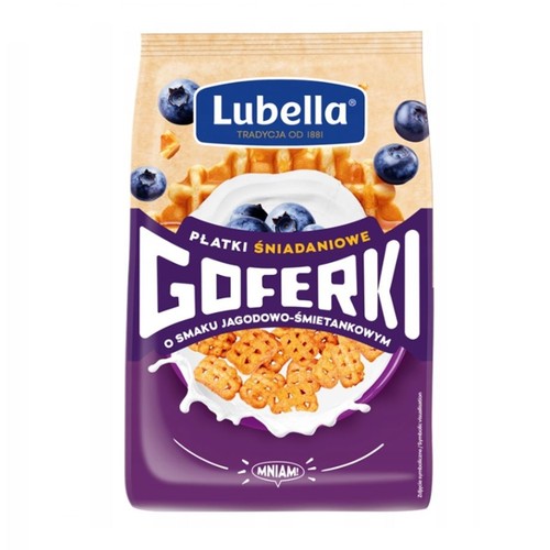 Opakowanie płatków śniadaniowych Lubella Goferki o smaku jagodowo-śmietankowym. Na grafice goferki w mleku z borówkami.